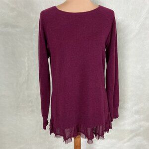 Garnet Hill Burgundy Red 100% Cashmere Knit Shirttail Chiffon Hem Sweater M